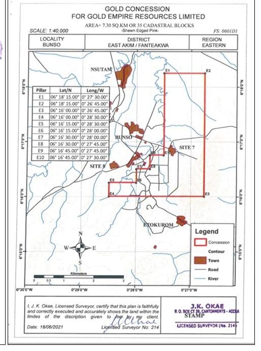 Cadastral survey map of the Gold Empire Resources gold concession showing pillar coordinates and licensed blocks